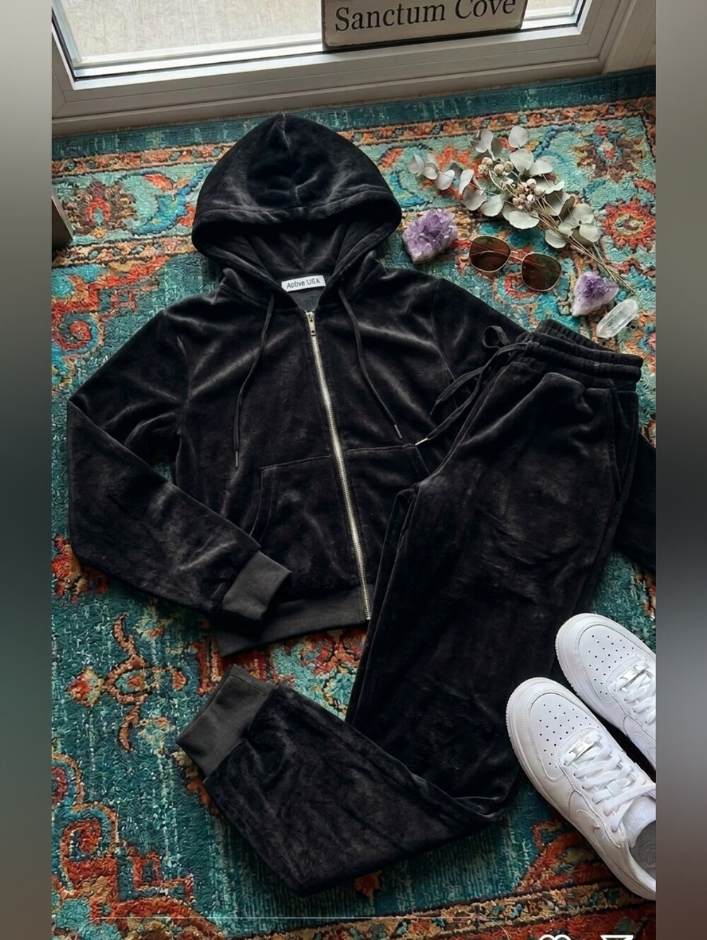 Plush Teddy Fleece Lounge Full Zip Hoodie & Jogger Set / Black